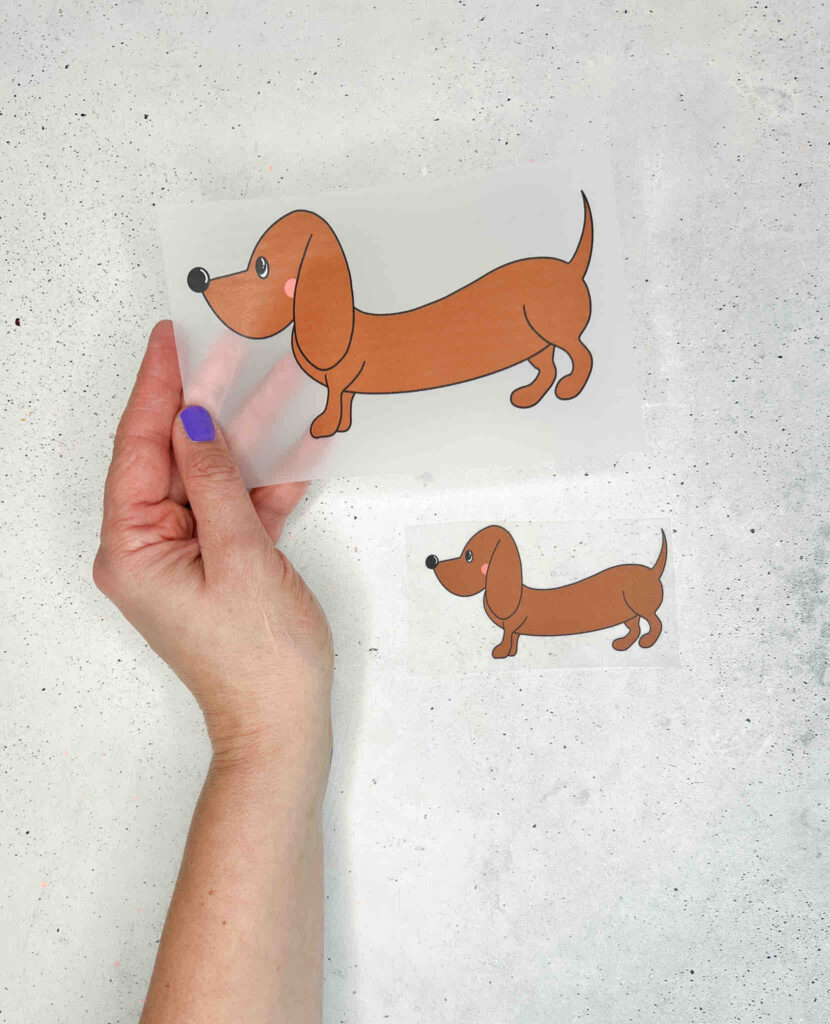 Eine Hand hält eine transparente Folie mit einer braunen Dackel-Illustration von Anke über einem weiteren, kleineren Dackel-Aufkleber auf hellem Grund.