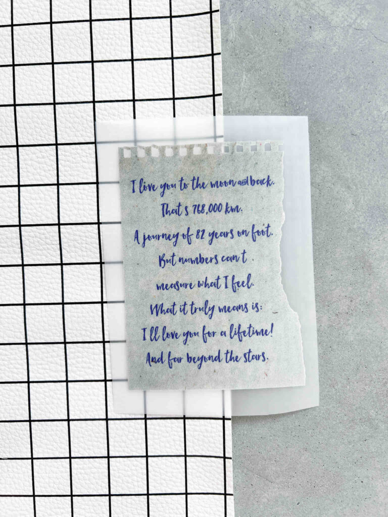 Ein handgeschriebener Liebesbrief auf einem Blatt Papier mit abgerissener Kante, platziert auf einem karierten Hintergrund und einer transparenten Folie.