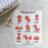 Illustriert Bügelbild von Anke mit dem Titel A Dog's Daily Routine, der humorvolle Alltagssituationen eines Dackels in orangefarbenen Zeichnungen zeigt.