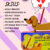 Dackel-Nadelkissen Wuff & Sew von Cherry Picking Studio mit lustiger Liste der Fähigkeiten und bunter Verpackung auf einem rosa gestreiften Hintergrund.