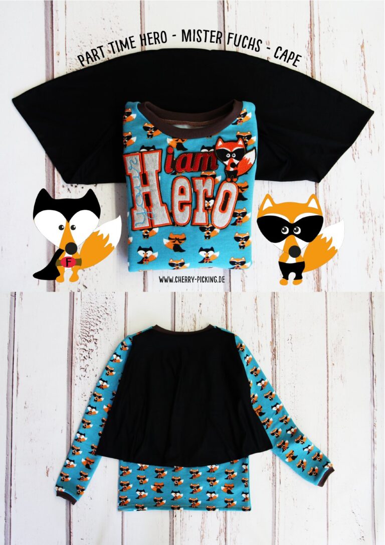 Kindershirt mit Fuchs-Motiv und Aufschrift I am Hero, dazu ein schwarzer angenähter Umhang